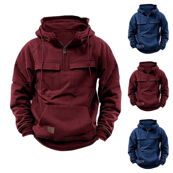 Feancey Mens Tactical Hoodies 1/4 Zip Up Pullover Multi Pocket Fashion Military Hooded Sweatshirt Outdoor Workout Cargo Sweatshirts for Men Daily Sales Dark Blue XL