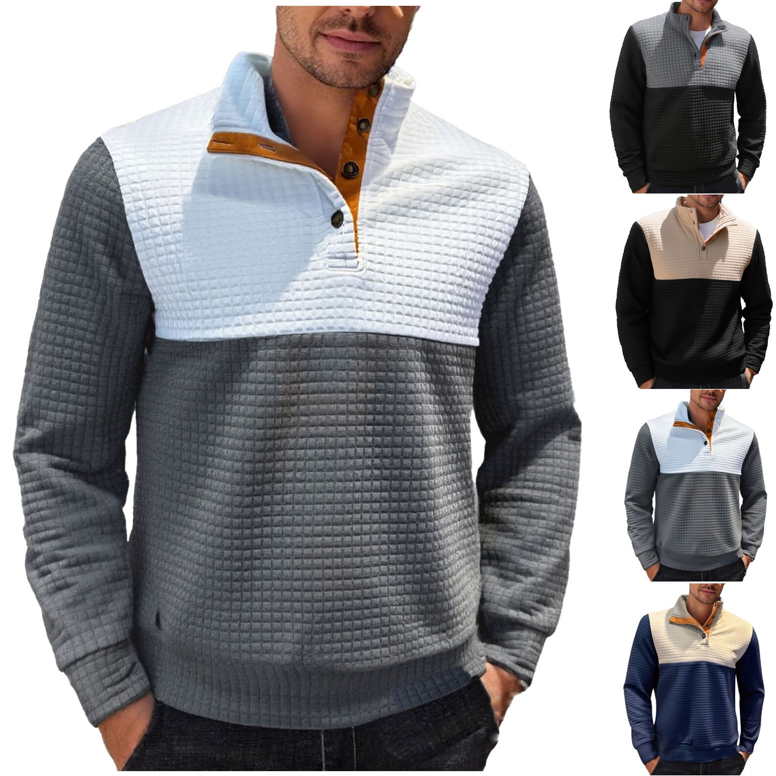 Feancey Mens Waffle Pullovers Half Button Stand Collar Long Sleeve ...