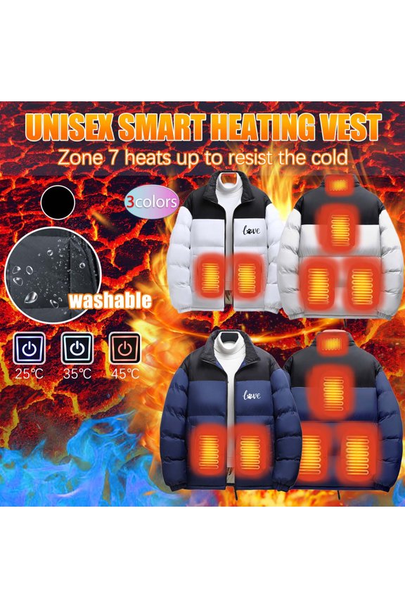 Mens Winter Heated Jackets 6 Zone Rechargeable Heating Down Coats Love Letter Printed Puffer Jacket Full Zip Stand Collar Winter Coat Blue XXL