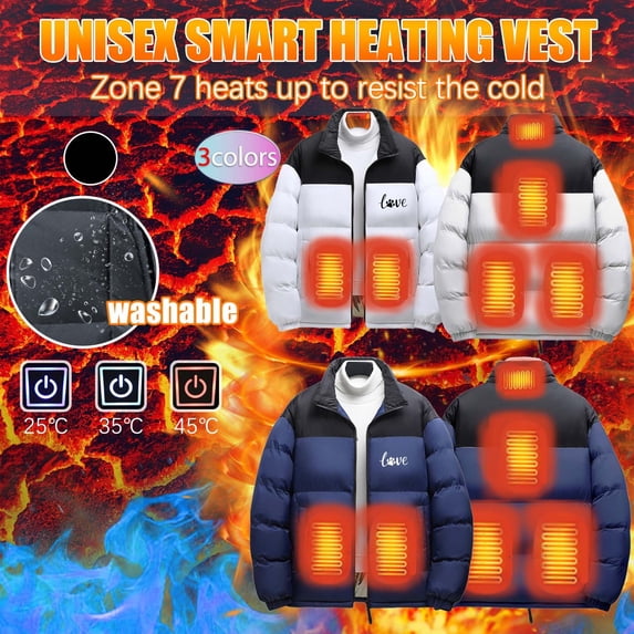 Feancey Mens Winter Heated Jackets 6 Zone Rechargeable Heating Down Coats Love Letter Printed Puffer Jacket Full Zip Stand Collar Winter Coat White 3XL