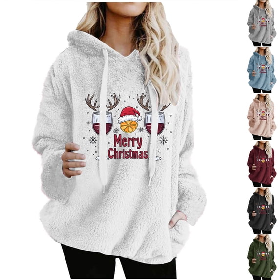Feancey Merry Christmas Hoodie Women Winter Fluffy Fleece Pullover Sweatshirts Novelty Xmas Tree Graphic Hoodies Comfy Plush Hooded Tops with Pocket Black 3XL