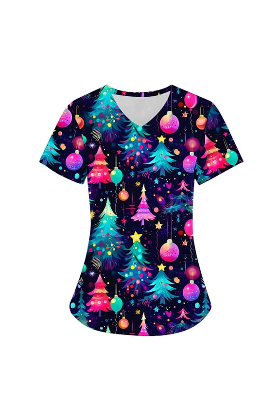Merry Christmas Women Scrubs Tops Stretchy V-neck Short Sleeve Woking Uniforms Novelty Xmas Tree Printed Nursing Shirts with Pockets Multicolor7 M