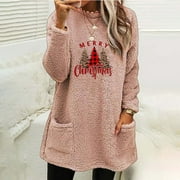 Feancey Merry Christmas Womens Fuzzy Thermal Sweatshirts Blouse Fall Winter Thicken Xmas Print Top Holiday Crewneck Long Sleeve Pullover with Pockets