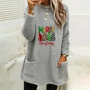 Feancey Merry Christmas Womens Fuzzy Thermal Sweatshirts Blouse Fall Winter Thicken Xmas Print Top Holiday Crewneck Long Sleeve Pullover with Pockets