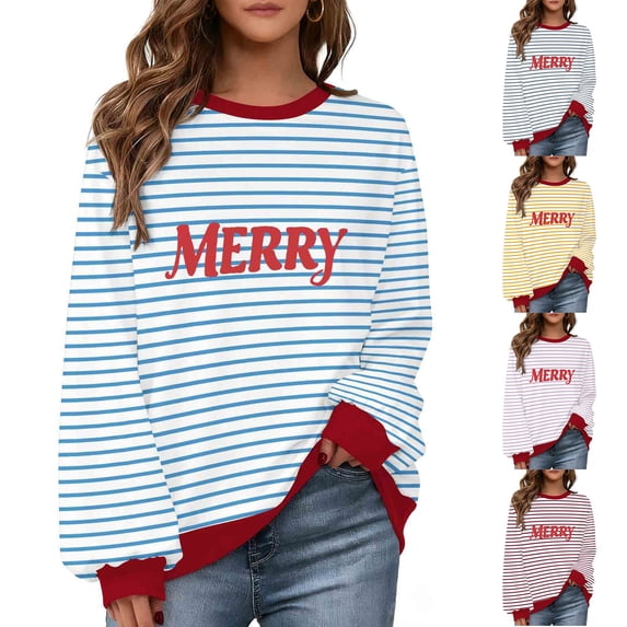 Feancey Merry Sweatshirts for Women Striped Crewneck Pullover Tops Color Block Long Sleeve Oversized Sweatshirt Xmas Holiday Gifts Yellow 3XL