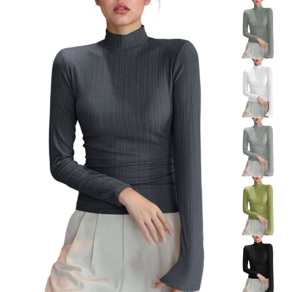 Feancey Mock Turtleneck Tops for Women Long Sleeve T-Shirts Slim Fit Casual Fall Outfits Solid Color Casual Basic Tees Underwear Army Green XXL