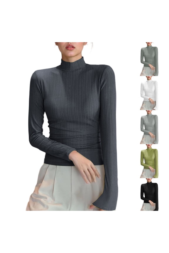 Mock Turtleneck Tops for Women Long Sleeve T-Shirts Slim Fit Casual Fall Outfits Solid Color Casual Basic Tees Underwear Black L
