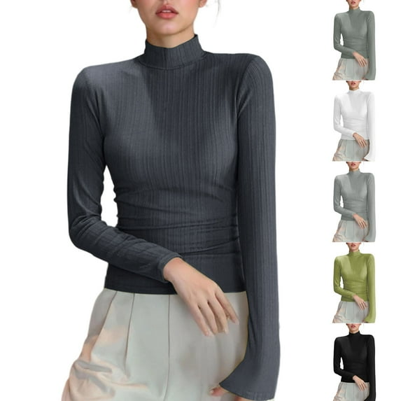 Feancey Mock Turtleneck Tops for Women Long Sleeve T-Shirts Slim Fit Casual Fall Outfits Solid Color Casual Basic Tees Underwear Gray M