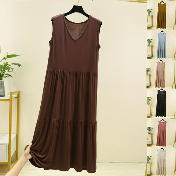 Feancey Modal Night Shirts for Women Sleeveless V Neck Nightgowns Solid Color Casual Pleated Sleepwear Comfy Loose Nightdress On Sale Khaki L