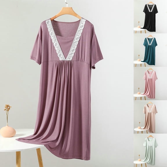 Feancey Modal Nightgown for Women Soft Comfy Lace Trim Sleepwear Loose Fit Casual Ruched Nightshirt Short Sleeve Round Neck Sleep Dress Sales Today Beige XL