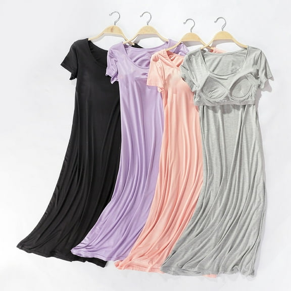 Feancey Modal Nightgown for Women Soft Comfy Nightshirts Padded Casual Short Sleeve Sleep Dress Solid Color Casual Night Dresses Spring Sale 2025 Purple M