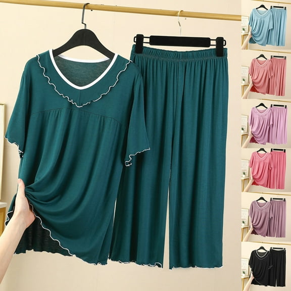 Feancey Modal Pajamas for Women Set Pleated Casual Pj Two Piece Short Sleeve V Neck Tops and Capri Pants Matching Lounge Sets Spring Sale 2025 Black L