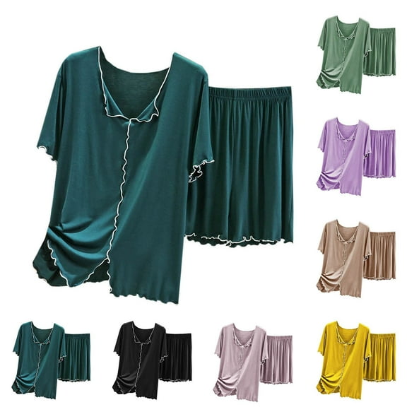 Feancey Modal Pjs Sets for Women Soft Lounge Sleepwear Two Piece Ruffled Short Sleeve Shirt and Knee Length Shorts Matching Set Sales Today Green XL