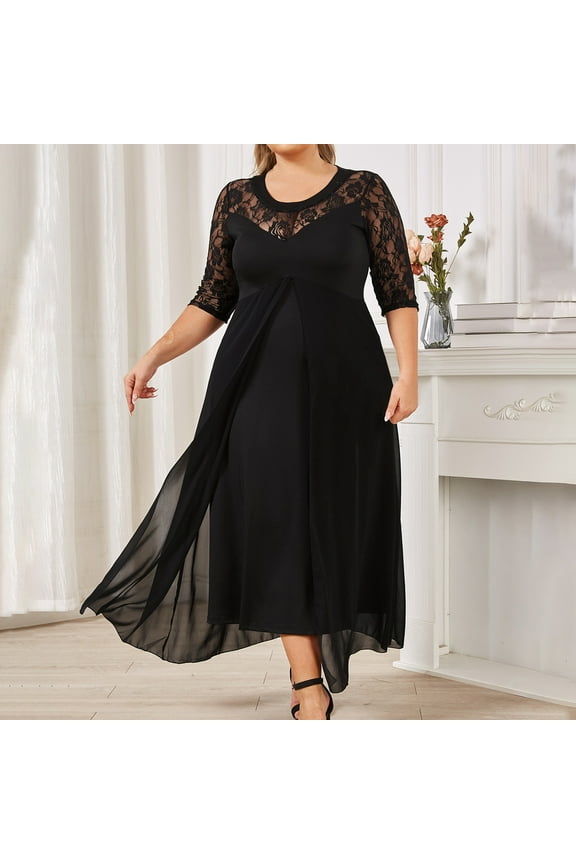 Mother off The Bride Dresses for Curvy Women Plus Size Lace Half Sleeve Wedding Guest Dress Elegant High Waist Midi Dresses Flowy Slit Chiffon Dress Black XL