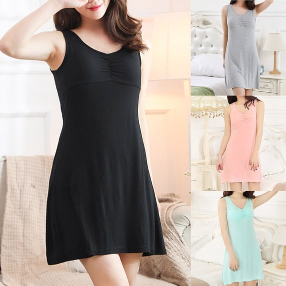 Feancey Nightgowns for Women with Built in Bra Soft Modal Sleeveless Sleepshirts Ruch V Neck Knee Length Night Dress Cozy Casual Loungewear Pajamas Gray L