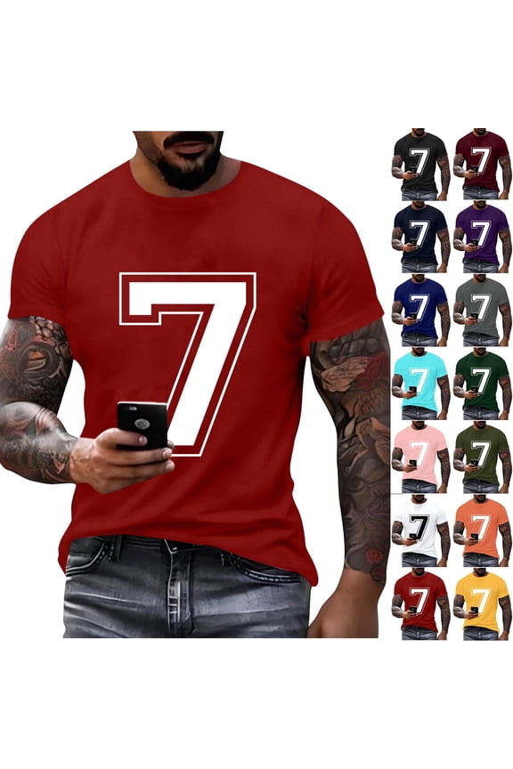 Number 7 T-Shirt Unisex Short Sleeve Varsity Shirt Sports Team Jersey 7th Birthday Gifts Tops for Men and Women White XL