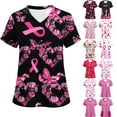 thumbnail image 1 of Feancey Nursing Scrubs for Women Breast Cancer Scrub Tops Pink Ribbon Print Short Sleeve V Neck T-Shirts Cancer Awareness Working Uniforms Multicolor XXL, 1 of 4