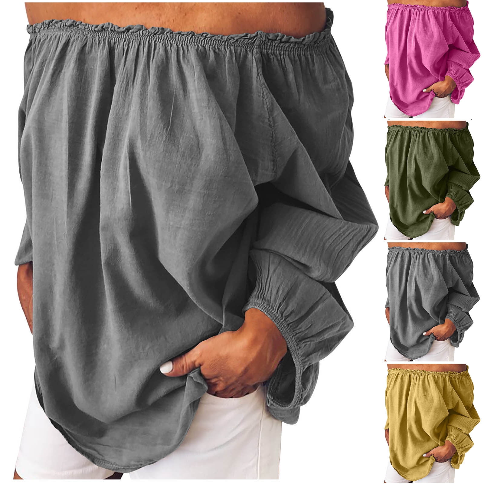 Feancey Off The Shoulder Tops for Women Cotton Linen Blouse Shirred