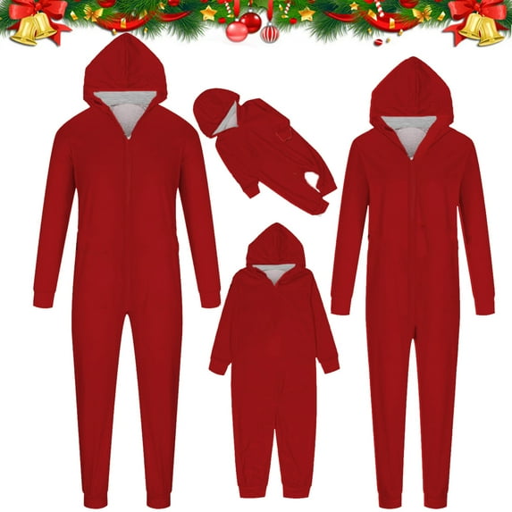 Feancey One Piece Pajamas for Family Christmas Solid Color Pjs Zipper Hooded Jumpsuit Fall Winter Long Sleeve Holiday Lounge Sleepwear Red