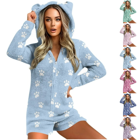 Feancey One Piece Pjs for Women Fleece Short Rompers Winter Sherpa Sleepwear Cute Dog Paw Print Onesie Pajama Bear Ear Hooded Jumpsuits Blue L