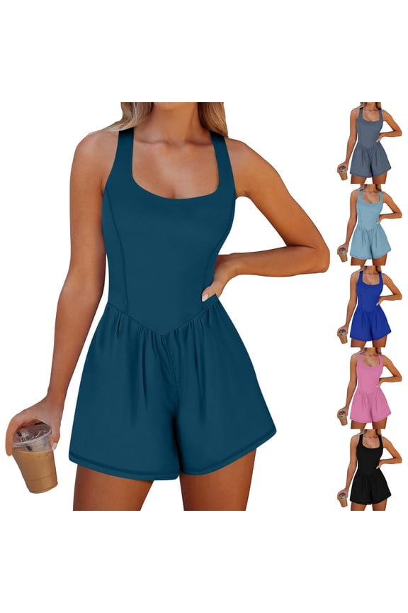 Women's Running Onesie Workout Rompers Athletic One Piece Shorts Jumpsuits Summer Outfits Exercise Gym Clothes Light Blue L
