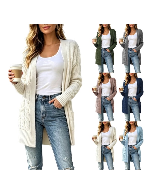 Open Front Cardigans for Women Cable Knit Long Sleeve Cardigan Sweater Mid Length Cozy Knitted Sweaters Dressy Casual Office Work Clothes S