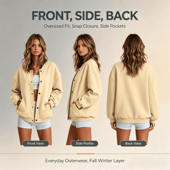 Feancey Bomber Jacket Women Snap Button Athletic Jackets Oversized Long Sleeve Casual Outerwear with Pockets for Preppy Back to School Wear XL
