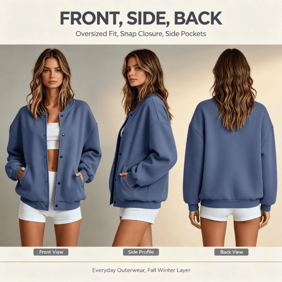 Feancey Womens Snap Button Bomber Jackets Y2K Casual Collarless Varsity Jacket Drop Shoulder Long Sleeve Lightweight Outerwear with Pockets XXL