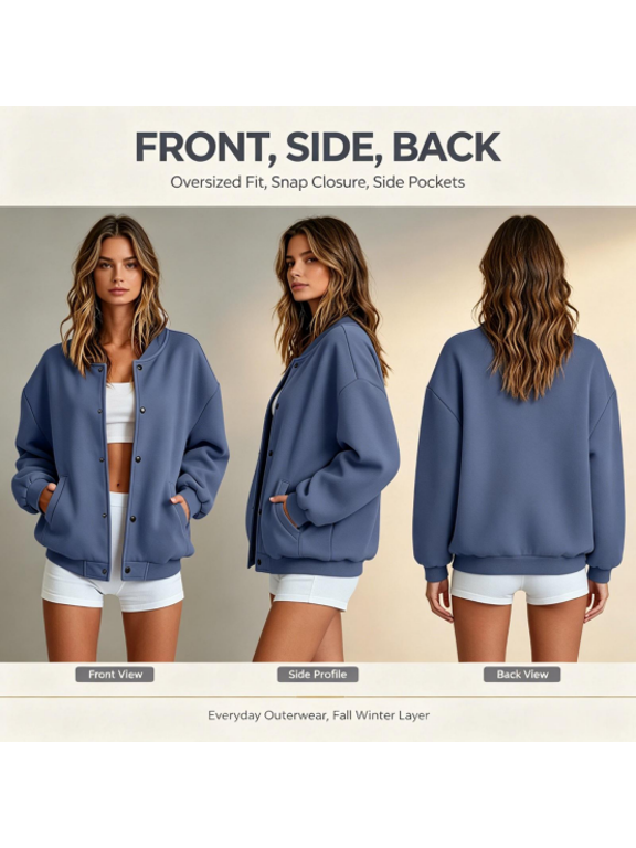 Oversized Baseball Jackets Women Snap Button Front Casual Bomber Jacket Ribbed Collar Long Sleeve Lightweight Sweatshirt Jackets with Pockets Navy XL