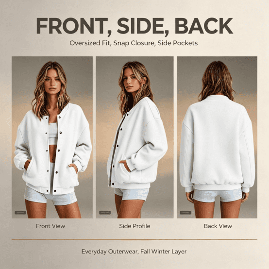 Feancey Bomber Jacket Women Snap Button Athletic Jackets Oversized Long Sleeve Casual Outerwear with Pockets for Preppy Back to School Wear XXL
