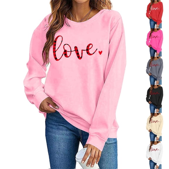 Feancey Oversized Cute Sweatshirts for Women Valentines Day Letter Print Crewneck Pullover Long Sleeve Graphic Shirts Comfy Fleece Lined Sweatshirt Gray L