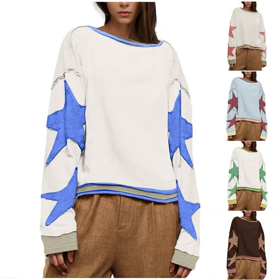 Feancey Oversized Graphic Sweatshirt for Women Y2k Long Sleeve Drop Shoulder Tops Crewneck Casual Loose Pullover Sweatshirts Blue S