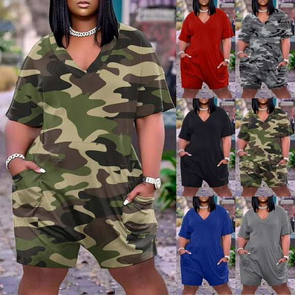 Feancey Oversized Jumpsuits for Women Plus Size Casual Camo Printed Romper Shorts Summer Short Sleeve V Neck Overalls with Pockets Spring Sale 2025 Army Green XXL