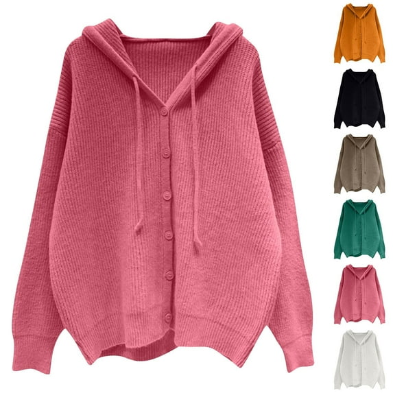 Feancey Oversized Knitted Cardigans for Women Hooded Loose Button Sweater Jackets Ribbed Knit Casual Solid Color Cardigan Sweaters Yellow Free Size