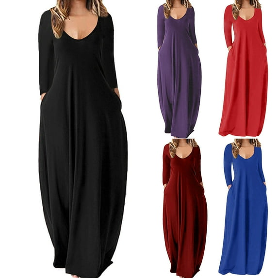 Feancey Oversized Maxi Dresses for Women Summer Plus Size Boho Vacation Dress Loose Fit Casual Long Sleeve V Neck Beach Dresses with Pockets Wine XXL