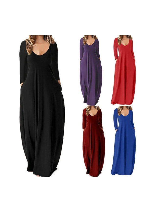 Oversized Maxi Dresses for Women Summer Plus Size Boho Vacation Dress Loose Fit Casual Long Sleeve V Neck Beach Dresses with Pockets Wine L