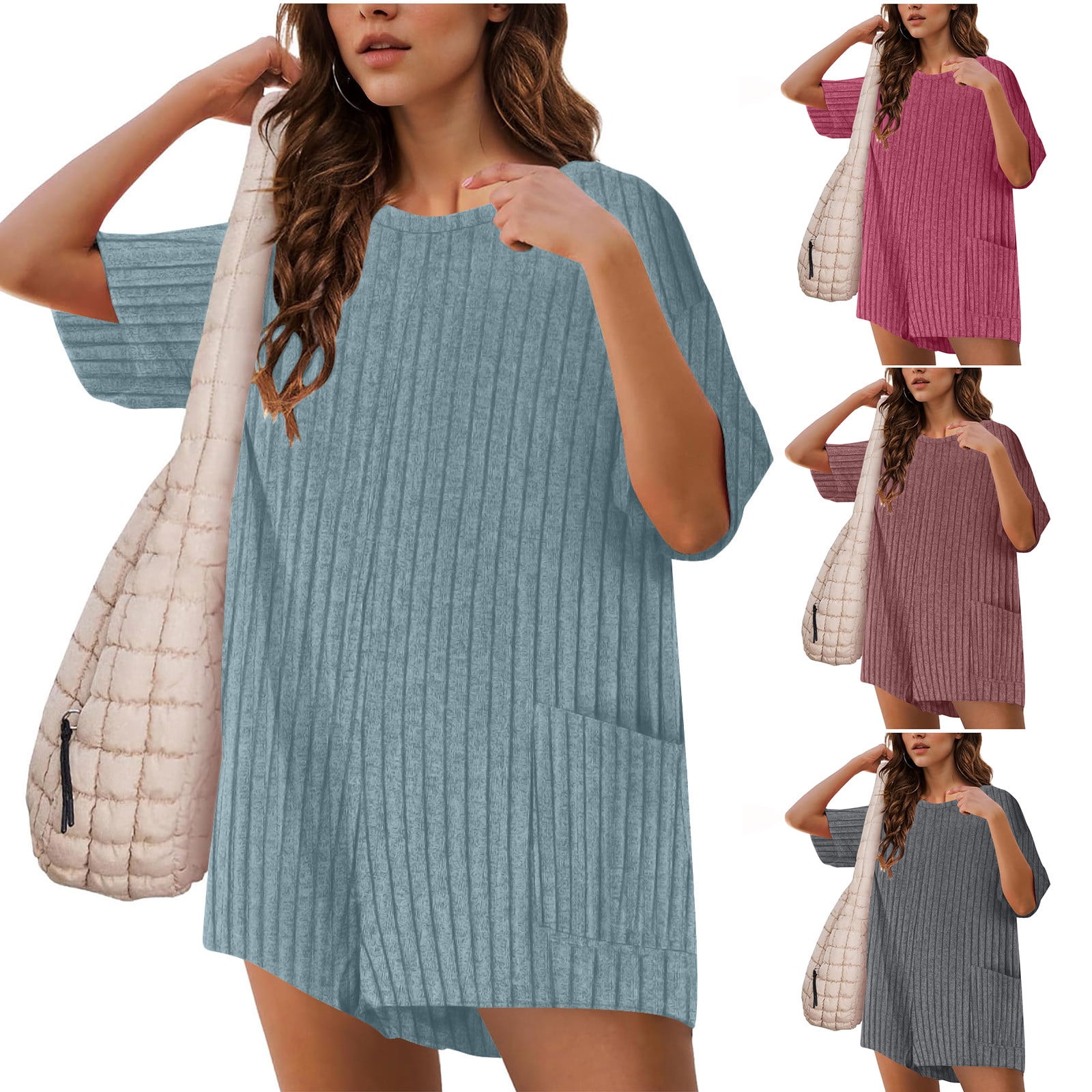 Feancey Oversized Rompers for Women Plus Size Trendy Knitted Jumpsuits Business Casual Short Sleeve Overalls Solid Color Loose One Piece Romper with Pockets Gray XL
