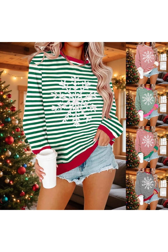 Oversized Striped Sweatshirt Women Christmas Snowflake Print Crewneck Pullover Tops Drop Shoulder Long Sleeve Blouse Comfy Loose Sweatshirts Hot Pink M