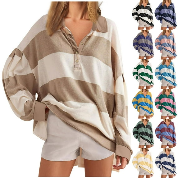 Feancey Oversized Sweatshirt for Women Fashion Striped Colorblock Button Collar Pullovers Drop Shoulder Long Sleeve Casual Tops Blue M