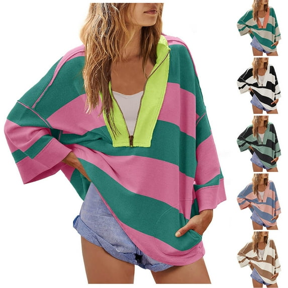 Feancey Oversized Sweatshirts for Women Quarter Zip V Neck Tops Colorblock Striped Long Sleeve Blouse Comfy Loose Pullovers Pink S