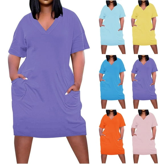 Feancey Oversized T-Shirt Dresses for Women Plus Size Casual Midi Dress Summer Short Sleeve V-Neck A Line Dresses Solid Color Loose Pocketed Dress Yellow XXL
