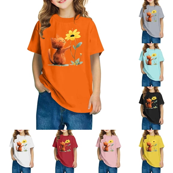 Feancey Oversized T Shirts for Boys Cute Floral Printed Tshirt Toddler Girls Short Sleeve Crewneck Graphic Tees Baby Kids Tops Holiday Sales Orange 3 Years