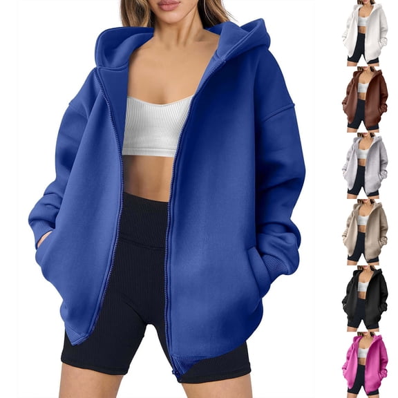 Feancey Oversized Zipper Jacket for Women Fashion Fleece Hooded Sweatshirt Comfy Loose Long Sleeve Hoodie Jackets with Pockets Fall Winter Clothes Black L