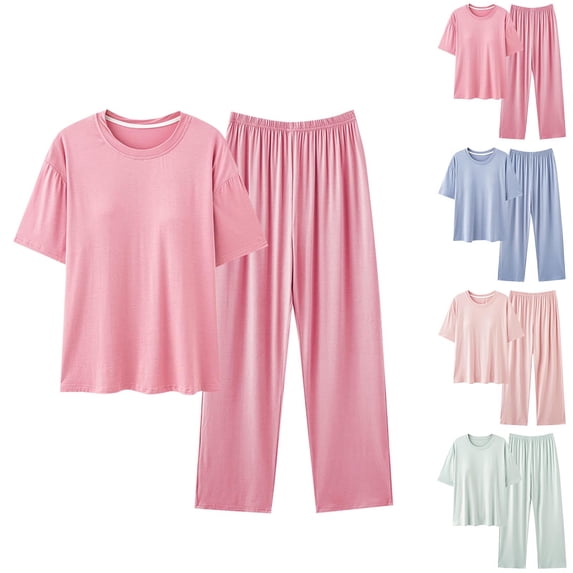 Feancey Pajama Lounge Sets for Women 2 Piece Short Sleeve Padded Tops and Pants Sleepwear Set Solid Color Loose Pjs Outfit Sets Blue XL