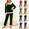 thumbnail image 1 of Feancey Pajama Sets for Women 2 Piece Velvet Lounge Set Faux Fur Trim Collar Long Sleeve Shirt and Pants Sleepwear Sets Winter Fuzzy Warm Homewear Outfits Green XL, 1 of 8