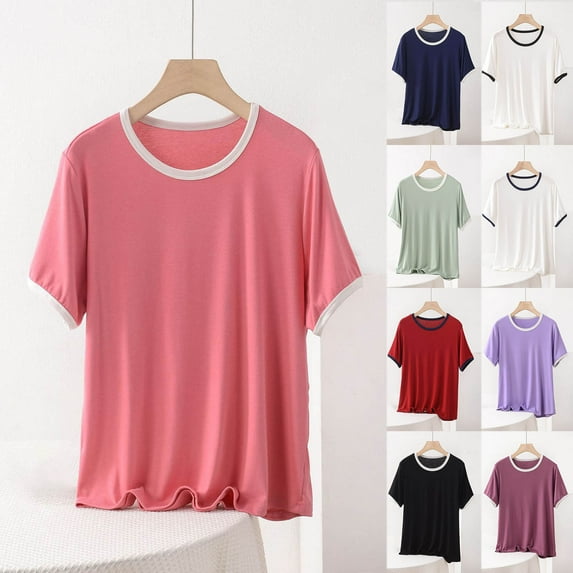 Feancey Pajama Tops for Women Soft Comfy Sleepwear T Shirts Modal Casual Short Sleeve Crewneck Tops Loose Fit Lounge Blouses Black 3XL