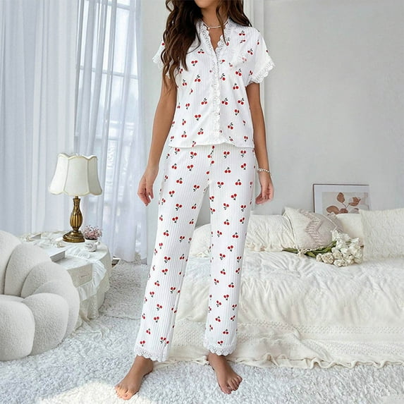 Feancey Pajamas Sets for Women Cherry Print 2 Piece Pj Set Lace Trim Short Sleeve V Neck T-shirt and Long Pants Two Piece Cute Soft Sleepwear Outfits On Sale,White,S
