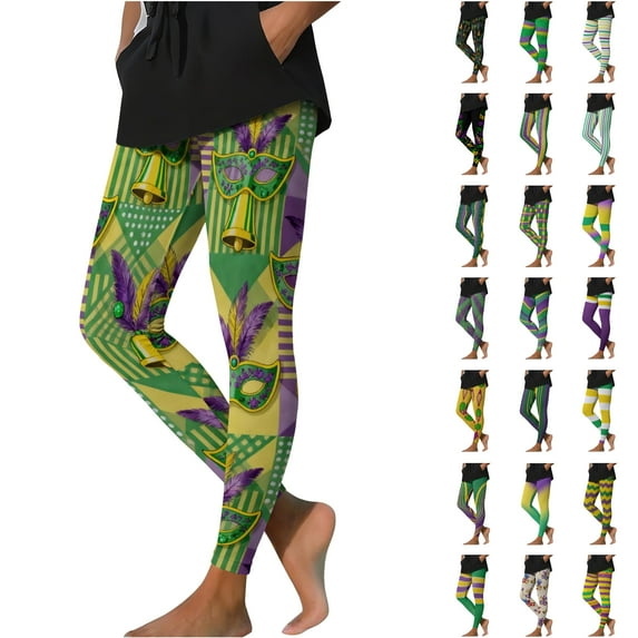 Feancey Party Leggings for Women Mardi Gras Mask Printed Yoga Pants Tummy Control High Waisted Workout Leggings Fancy Holiday Tights Multicolor M