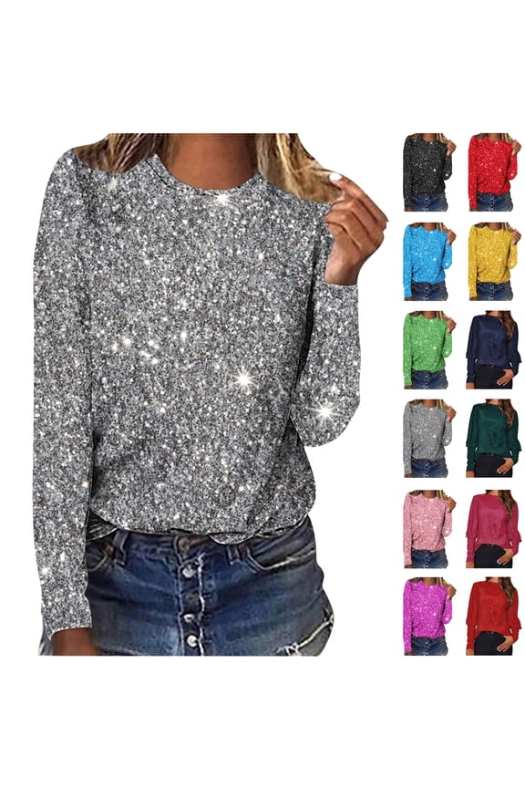 Party Tops for Women Sequin Print Long Sleeve Tshirts Dressy Casual Business Work Blouse Crew Neck Loose Tee Shirt Black S