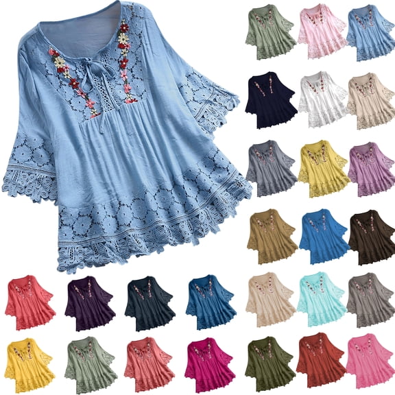 Feancey Peasant Blouses for Women 3/4 Sleeve Cotton Linen Plus Size Tops Lace-up Embroidered Shirts Dressy Casual Loose Boho Blouse Red S